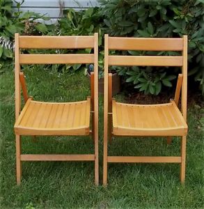 Vintage Pair Solid Oak Wooden Folding Patio Chairs Heavy Duty Church Garden