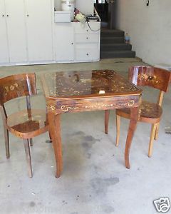 Italian Classic Game Table from Italy with 2 Chairs Hand Painted Wood Inlaid