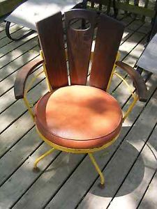 Unusual Barrel Swivel Chair Yellow Metal Wood Arms Back Retro Man Cave Furniture