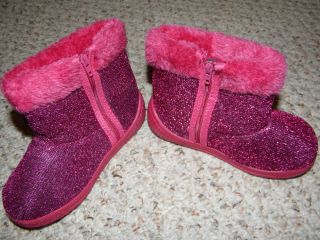 New Toddler Girls Pink Sparkly Furry Boot Size 8 9 Hard Sole Zipper Closure