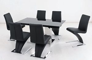7pc Modern Style Chrome and Black PU Dining Table and Chairs Set ZAC70645