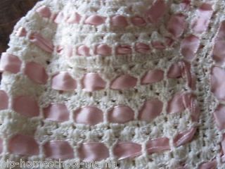 Vintage Pink Ribbon Lace Crochet Baby Bonnet Newborn Hat Christening VG