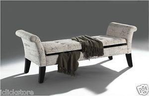 Modern Elegant Ivory Script Finish Fabric Storage Bench Armrest Chair w Ottoman