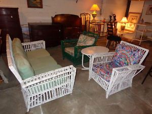 Vintage American Art Deco Reed Rattan Wicker Couch Sofa and Pair Lounge Chairs