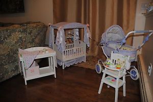 RARE American Girl Bitty Baby Canopy Crib High Chair Pram and Changing Table Lot