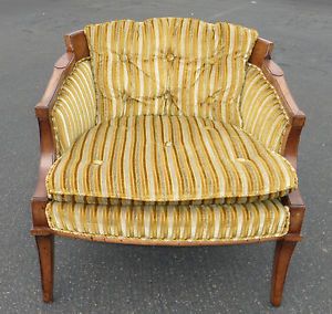 Vintage Mid Century Modern Accent Arm Chair Yellow Brown Tufted Striped Velvet