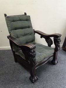 Antique Solid Oak Winged Griffin Morris Chair Spring Loaded Mechanism