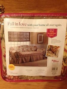 Country Patchwork Sofa Couch Slipcover Burgandy Green Floral Plaid "Summer House