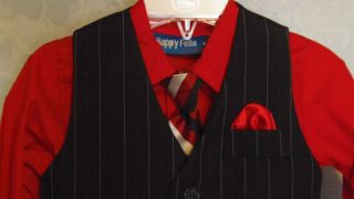 18M Suit Boys Dress Pants Vest Shirt Tie Red Black Pin Stripe Wedding Toddler