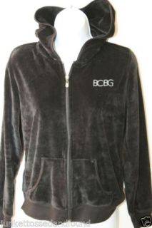 BCBG Max Azria Women's Black Velour Hooded Jacket Zip Up Hoodie Sz L  A190