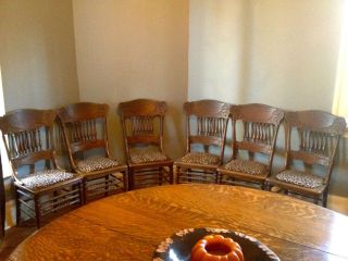 Antique Victorian Original Oak Press Back Carved Dining Kitchen Chairs Set of 6