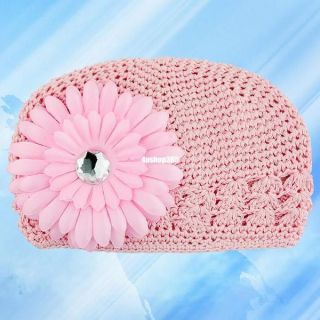 Pink Crochet Cap Hat Daisy Flower Clip for Baby Girls