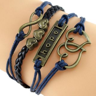 Personality Antique Bronze Infinity Power True Love Charm Leather Wrap Bracelet