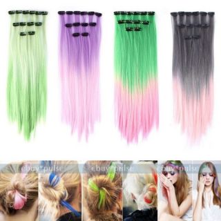 Party Colorful Ombre Dyed Highlights Synthetic Straight Clip in Hair Extensions