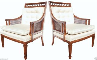 Pair Chic French Directoire Regency Style Walnut Caned Bergeres Lounge Chairs