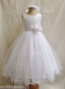 FL White Sash Color Toddler Flower Girl Dress Pageant Wedding Party Formal Gown