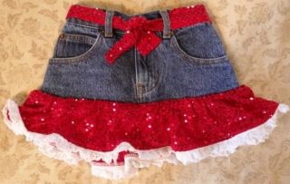 Kiddie Korral Western Blue Jean Denim Skirt Red Sparkle Trim Little Girls Sz 3