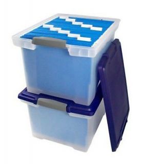 New 2 Pack File Tote with Locking Handles Clear Blue Storage Box Plastic