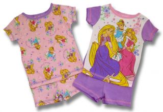 New Disney Princess Toddler Girl 4 Piece Cotton Pajama Set Shirt Shorts Size 2T
