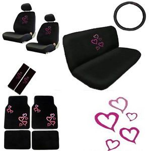 15pc Set Seat Covers Love Story Pink Hearts Black Floor Mat Wheel Belt Head Pads