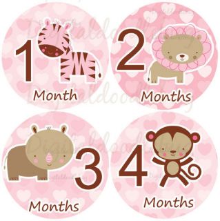 Baby Month Milestone Girl 1 12 Monthly Bodysuit Stickers 77 Pink Safari Animals
