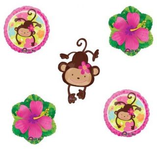 Monkey Mod Love Pink Tropical Hibiscus Flower Jungle 5 Party Mylar Balloons Set