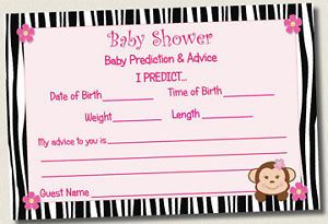 Pack of Pink Monkey Zebra Girl Baby Shower Advice Cards Prediction Game Favor