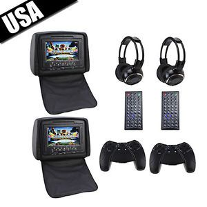 7" LCD Car Stereo Headrest Pairs DVD Players LCD Monitor Wireless Game Headphone