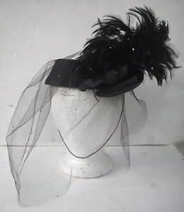 Vintage Mr John Classic Black Bow Feathers Rhinestones Veil Hat