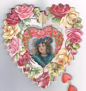 Heart Shaped Die Cut Embossed Roses Little Girl's Victorian Valentine Card