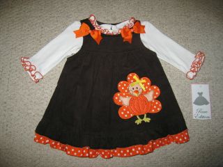 New "Fall Turkey Dot" Thanksgiving Dress Girls 24M Winter Clothes Outfit Baby