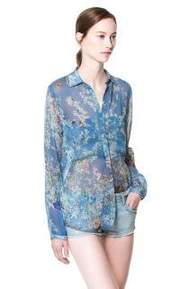 New Womens European Fashion Blue Flower Print Long Sleeve Collar Shirt B2378
