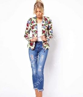 New Womens European Fashion Flower Print Slim Lapel Blazer Jacket Coat B2897HG