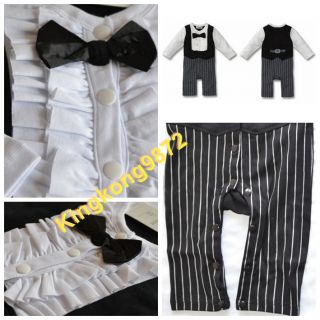 Baby Boy Wedding Check Tuxedo Suit Bowtie Romper Onepiece Bodysuit Outfit 0 24M