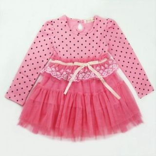 Girl Kid Polka Dots Long Sleeve Party Tulle Dress High Waist Lace Bowknot Sz 3 7