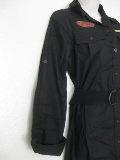 Womens Black Button Up Dress Long Short Sleeve Patches