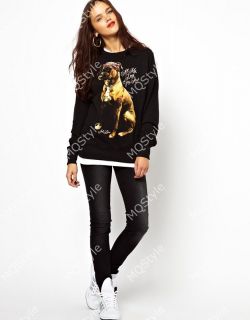 New Womens European Fashion Crewneck Cool Dog Black Coat Jacket B3476MK