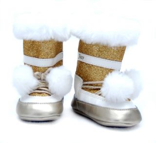 Juicy Couture Baby Girl Fur Boot Gold Glitter Pom Christmas Shower Gift Winter