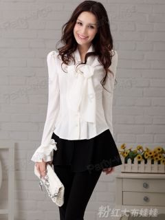 New Womens White Black Bow Knot OL Shirt Slim Fit Tops Blouse Size s XXL TS5