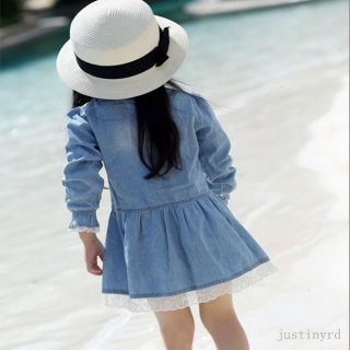 Girl Kids Dress 2 8Y Lovely Denim Blue Beautiful Lace Cowboy Clothes Long Sleeve