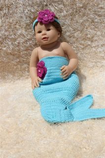 Handmade Crochet Knit Mermaid Tail Headband Newborn Baby Photo Prop Sky Blue