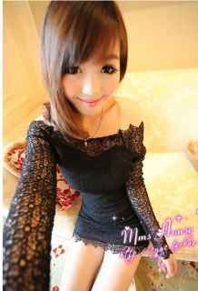 Womens Korea Fashion Chic Hollow Off Shoulder Lace Long Sleeve Mini Dress E635 A