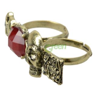 Punk Style Double Skull Red Crystal Two Fingers Ring Bronze Color Unique Size 7