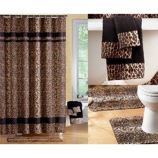 Brand New Black Brown Jungle Animal Leopard Print Bathroom Shower Curtain Set