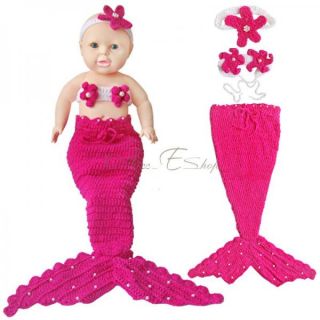 3pcs Newborn 12M Baby Girl Little Mermaid Outfit Crochet Knit Costume Photo Prop
