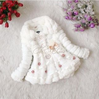 Toddlers Girls Baby Faux Fur Coat Jacket Pearl Flower Winter Warm Outwear 2T 5T