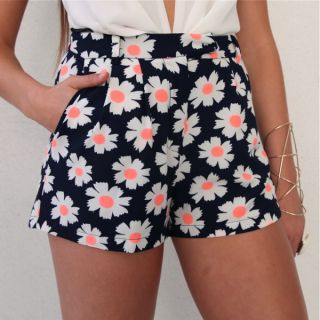 Festival Daisy Neon Floral Prints High Waisted Pleated Oxford Shorts 6 8 10 12