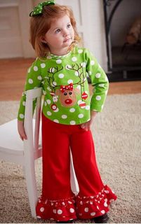 New Girls Boutique Peaches N Cream 3T Lime Red Reindeer Christmas Dress Outfit