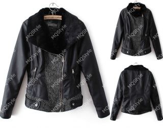 New Womens European Fashion Faux Leather Fur Splice Zip Lapel Coat Jacket B3221