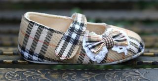 Newborn Reborn Baby Girl Plaid Soft Sole Shoes Bows Mary Jane Size 3 6 9 Months